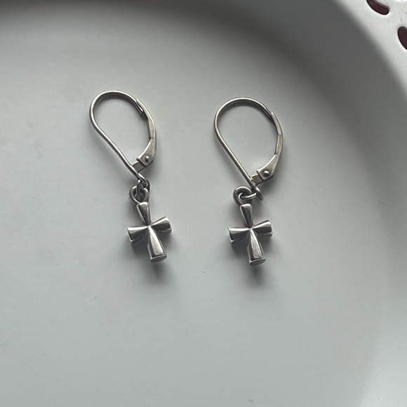 James Avery Retired Sterling Silver St. Teresa Cross Dangle Lever Back Earrings - Picture 7 of 7